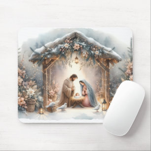 Tapis De Souris Scène de la Nativité rustique avec fleurs d'hiver