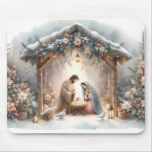 Tapis De Souris Scène de la Nativité rustique avec fleurs d'hiver (Devant)