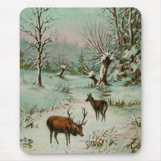 Tapis De Souris Scène de neige avec des cerfs communs (Devant)