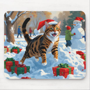 Tapis De Souris Scène de neige festive de Noël avec un chat Bengal