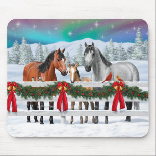 Tapis De Souris Scène de Noël Baie Buckskin Dapple Chevaux gris