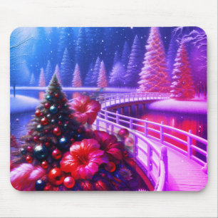 Tapis De Souris Scène de Noël calme avec pont enneigé + sapins de