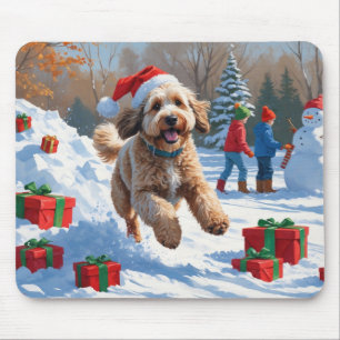 Tapis De Souris Scène de Noël enneigée avec un Bernedoodle festif