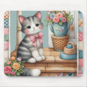 Tapis De Souris Scène de patchwork floral avec un chat sur une vér (Devant)