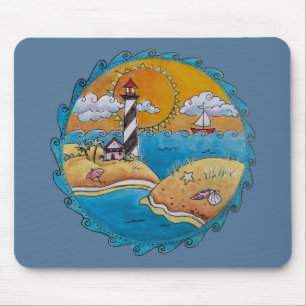 Tapis De Souris Scène de plage de phare fantaisiste, art folkloriq