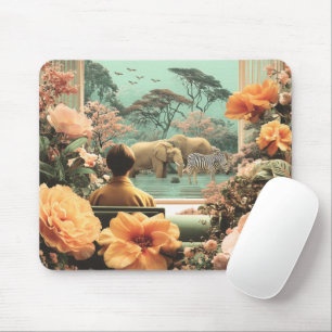 Tapis De Souris Scène de safari surréaliste avec éléphants zèbres