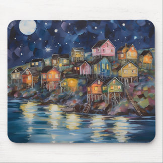 TAPIS DE SOURIS SCÈNE DE VILLAGE DE PÊCHE CANADIEN DE NUIT