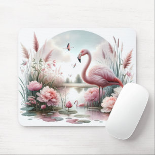 Tapis De Souris Scène florale de flamant rose dans un étang pastel