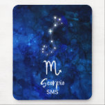 Tapis De Souris Scorpio Zodiac Constellation Bleu Galaxie Monogram<br><div class="desc">Scorpio Zodiac Constellation Galaxie Bleue Monogramme Design Avec police de script brossé tendance, Aquarelle céleste bleu foncé texture arrière - plan, constellation d'étoiles brillantes, et le symbole Scorpion. Symbole astrologique moderne Horoscope de naissance, est parfait pour tout Scorpion Anniversaire Du 23 octobre au 21 novembre! Avec Monogrammed en option Premier...</div>
