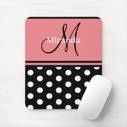 Tapis De Souris Script de monogramme de Pois blancs roses noires (Avec souris)