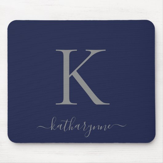Tapis De Souris Script de monogramme en argent bleu marine (Devant)