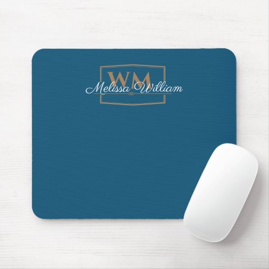 Tapis De Souris Script de nom du monogramme d'or bleu blanc (Avec souris)