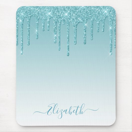 Tapis De Souris Script élégant moderne Aqua Parties scintillant (Devant)