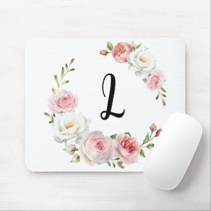Tapis De Souris Script initial des roses rose et blanc chic