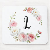 Tapis De Souris Script initial des roses rose et blanc chic (Devant)