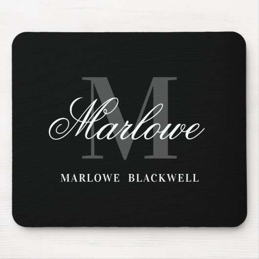 Tapis De Souris Script moderne de monogramme noir gris (Devant)