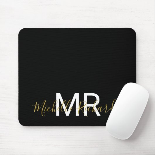 Tapis De Souris Script moderne élégant en or noir monogramme (Avec souris)