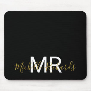 Tapis De Souris Script moderne élégant en or noir monogramme