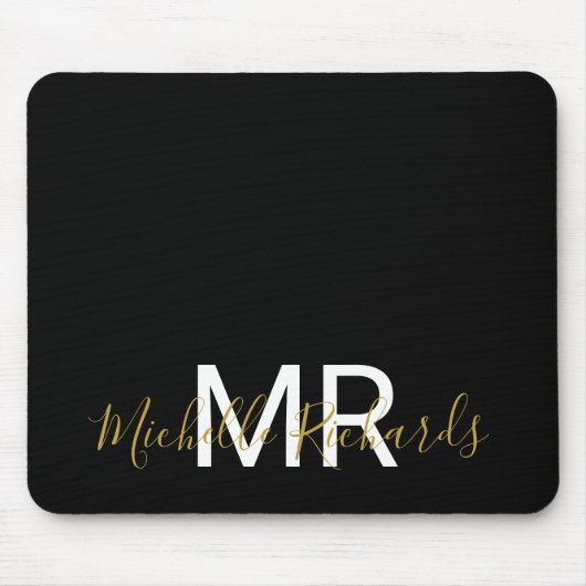 Tapis De Souris Script moderne élégant en or noir monogramme (Devant)