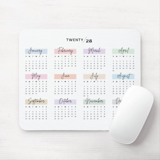 TAPIS DE SOURIS SCRIPT PASTEL ÉCRIT À LA MAIN DU CALENDRIER 2028 (Avec souris)
