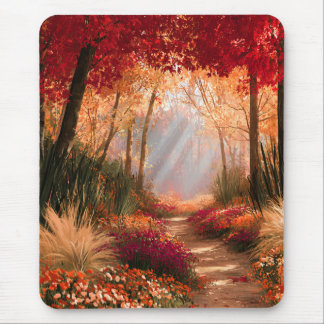 Tapis De Souris Sentier forestier automnal Paysage de soleil doré