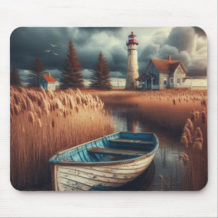 Tapis De Souris Sérénité côtière : Phare et bateau à moteur