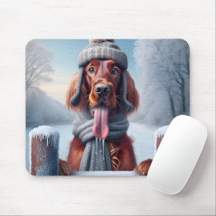 Tapis De Souris Setter irlandais avec Écharpe d'hiver et Casquette