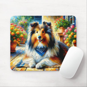 Tapis De Souris Shetland Sheepdog dans Cottage Garden Scène