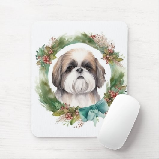 Tapis De Souris Shih Tzu Christmas Wreath Festive Pup (Avec souris)