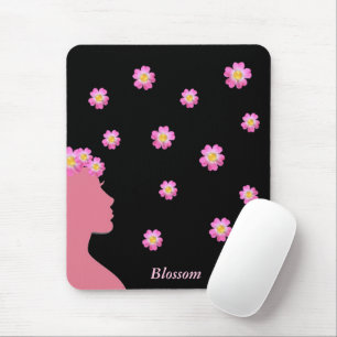 Tapis De Souris Silhouette de femme, fleurs roses et texte sur fon