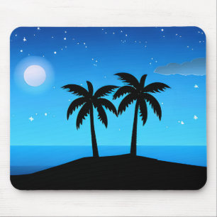 Tapis De Souris Silhouette de l'île tropicale avec lune et étoiles