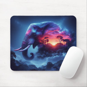 Tapis De Souris Silhouette d'éléphant fusionnée avec un coucher de