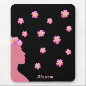 Tapis De Souris Silhouette féminine, fleurs roses et texte en noir (Devant)