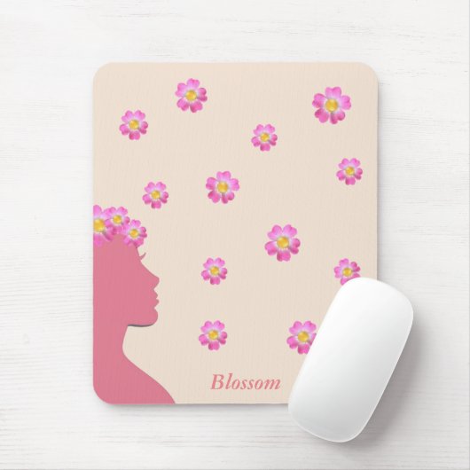Tapis De Souris Silhouette féminine, fleurs roses et texte sur bei (Avec souris)