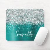 Tapis De Souris Silver Glitter Aqua Teal Glam Name (Avec souris)
