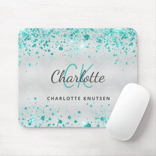 Tapis De Souris Silver turquoise parties scintillant mer vert mono (Avec souris)