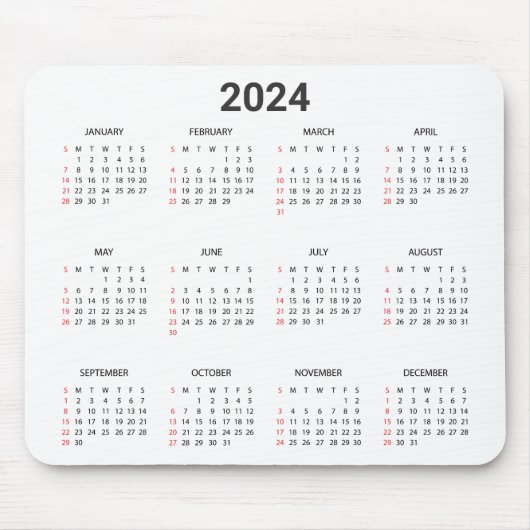 Tapis De Souris Simple 2024 Année En Un Coup D'Oeil Calendrier Rou (Devant)