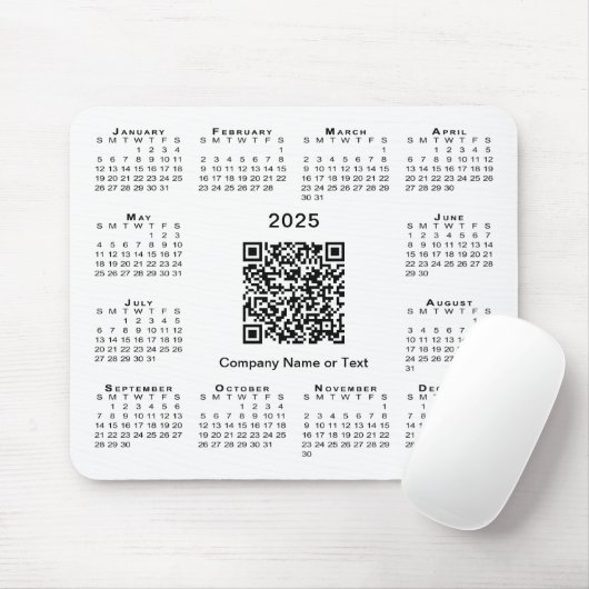 Tapis De Souris Simple 2025 Calendrier Business QR Code sur blanc (Avec souris)