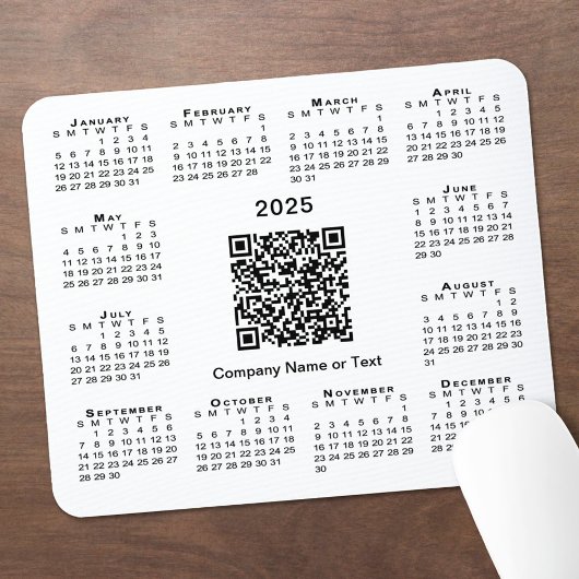 Tapis De Souris Simple 2025 Calendrier Business QR Code sur blanc