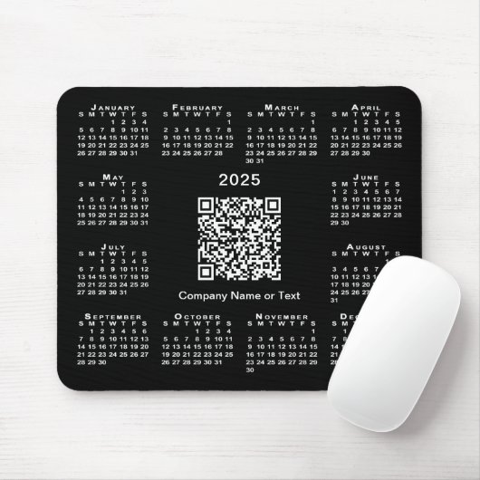 Tapis De Souris Simple 2025 Calendrier Business QR Code sur noir (Avec souris)