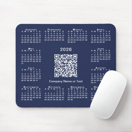 Tapis De Souris Simple 2026 Calendrier Business QR Code on Navy Bl (Avec souris)
