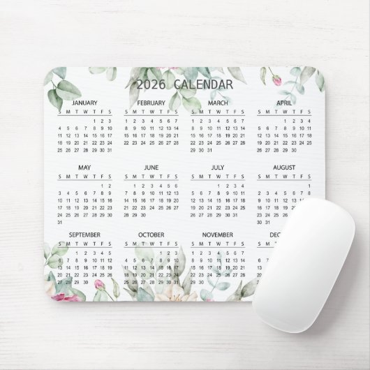 Tapis De Souris Simple Elegant Botanical 2026 Calendar | Mousepad (Avec souris)
