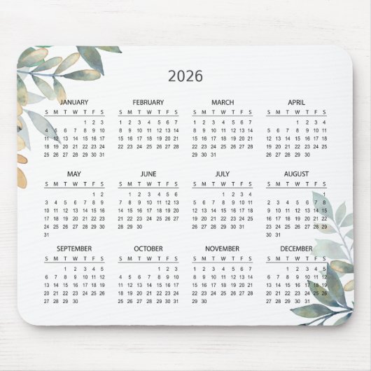Tapis De Souris Simple Elegant Botanical 2026 Calendar | Mousepad (Devant)