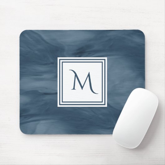Tapis De Souris Simple Marine Bleu Marbre subtil Monogramme modern (Avec souris)