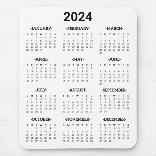Tapis De Souris Simple Noir & Blanc 2024 Année en bref Calendrier (Devant)
