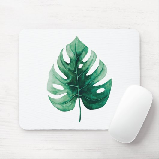 Tapis De Souris Simples feuilles vertes d'aquarelle tropicale (Avec souris)