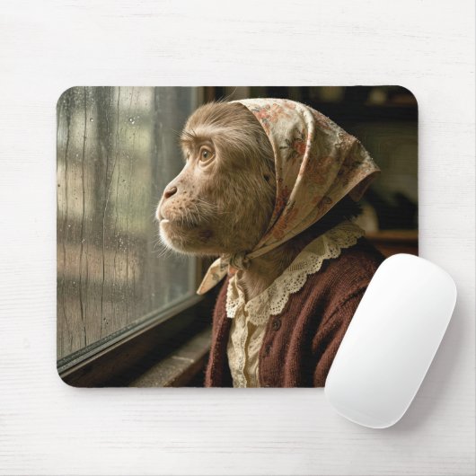 Tapis De Souris Singe regardant dehors sous la pluie (Avec souris)