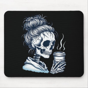 Tapis De Souris Skeleton Boire Café Messy Bun Femmes Halloween