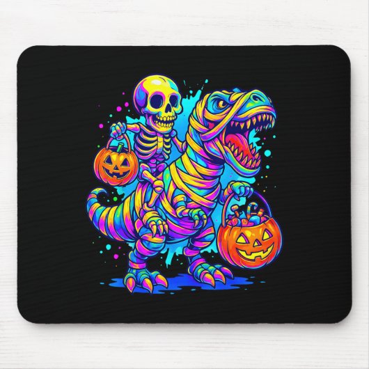 Tapis De Souris Skeleton Riding Mummy Dinosaur T Rex Halloween Fun (Devant)