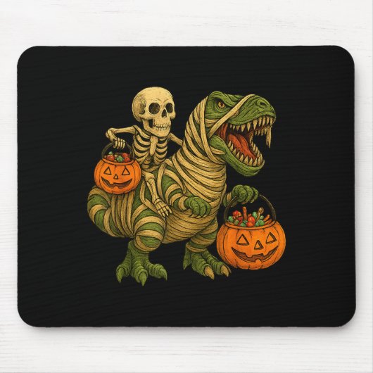 Tapis De Souris Skeleton Riding Mummy Dinosaur T Rex Halloween Fun (Devant)